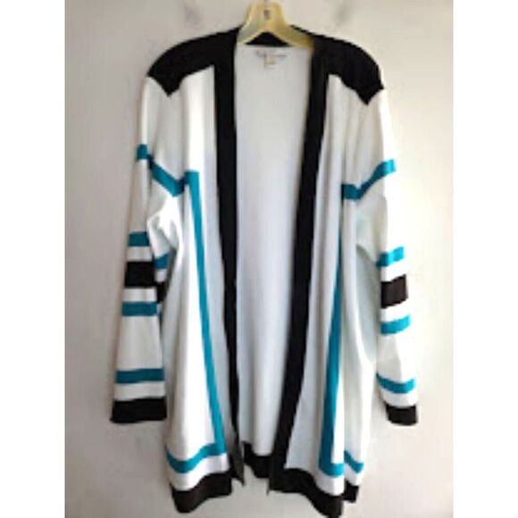 CJ Banks Women White w/Black Teal Trim Long Open Knit Cardigan Sweater size 3X - Picture 1 of 7